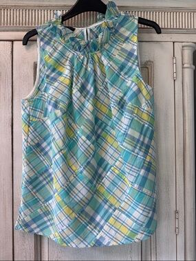 Talbots Plaid Sleeveless Ruffle-Neck Blouse in Aqua, Blue, Yellow, White